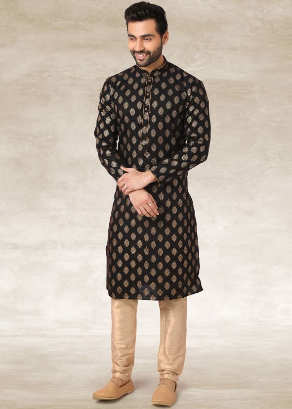 Readymade Printed Kurta Pajama In Black