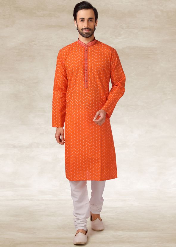 Readymade Orange Cotton Kurta With Pajama