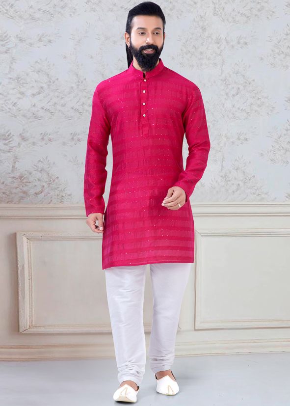 Pink Thread Embroidered Kurta With Churidar