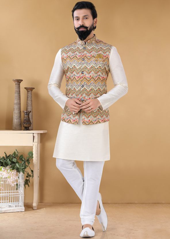 Off White Silk Kurta Churidar With Jacket