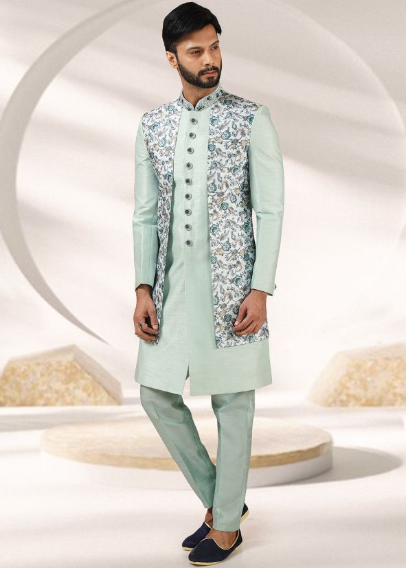 Green Kurta Pajama With Attached Printed Jacket