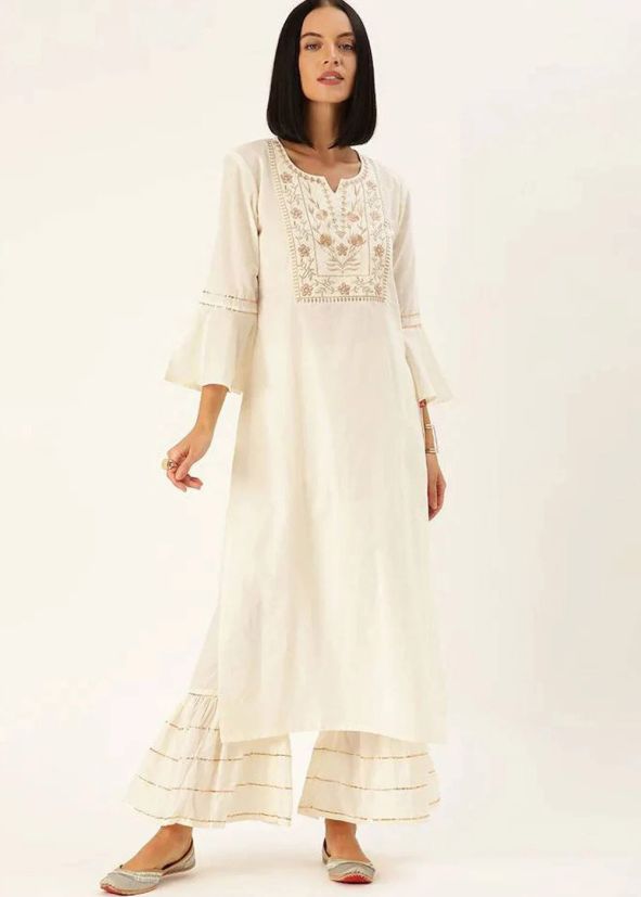 Off White Embroidered Kurta With Sharara