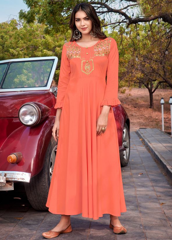 Orange Flared Style Embroidered Kurta