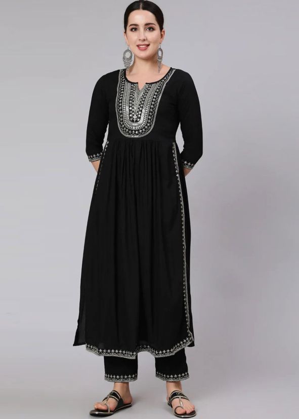 Readymade Black Embroidered Kurta Set