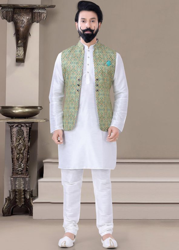 White Kurta Churidar With Printed Jacket
