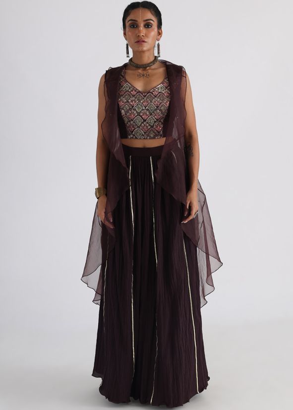 Brown Embroidered Skirt Set With Jacket