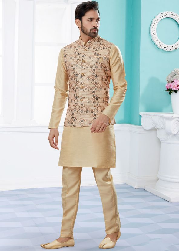 Beige Readymade Kurta Pajama Set With Printed Jacket