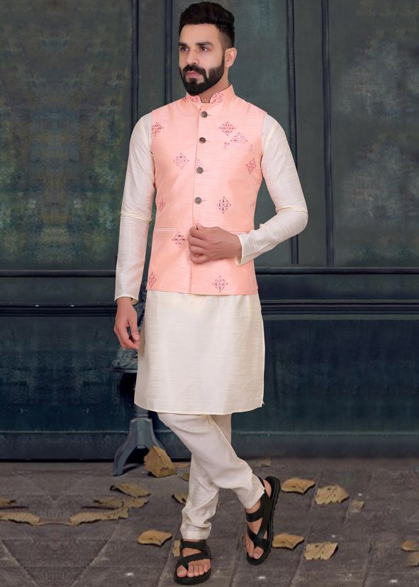 Cream Silk Kurta & Thread Embroided Nehru Jacket