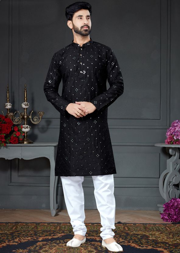 Black Readymade Mirror Work Kurta & Pajama