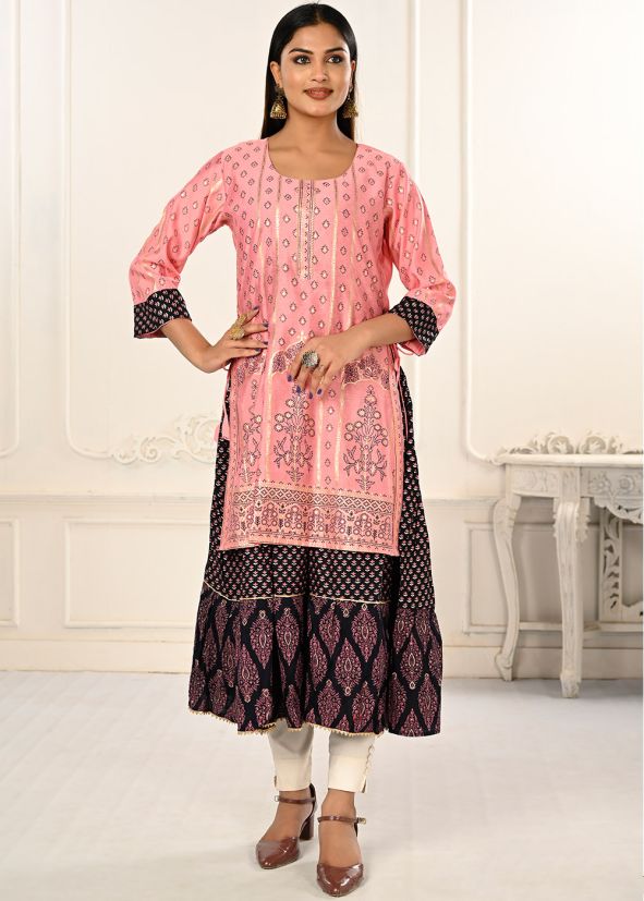 Pink & Red Twin Layered Printed Kurta