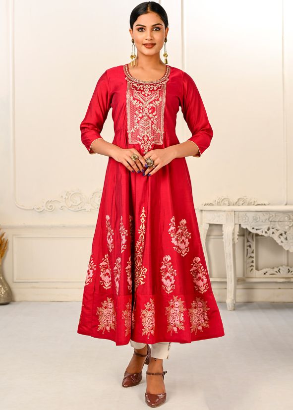 Red Flared Style Printed Cotton Kurta
