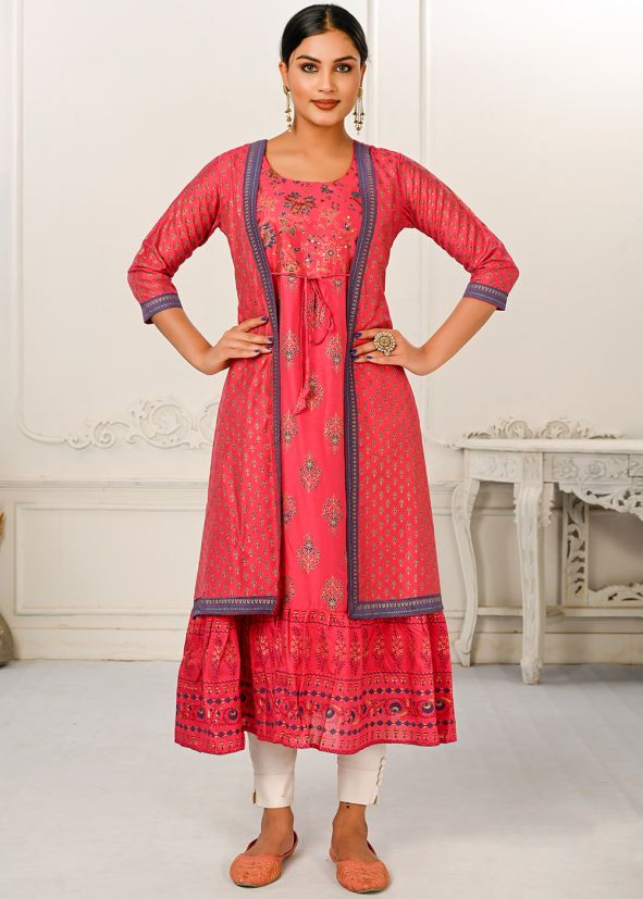 Red jacket Style Printed Cotton Kurta