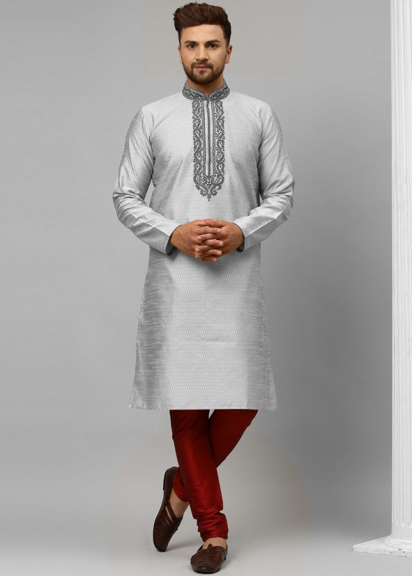 Grey Thread Embroidered Readymade Kurta
