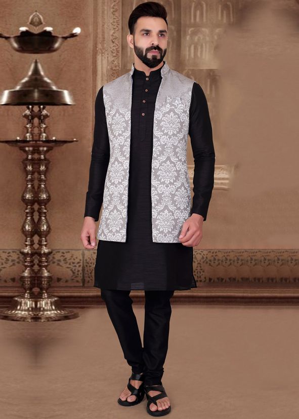 Black Silk Kurta With Wedding Nehru Jacket Online Shopping