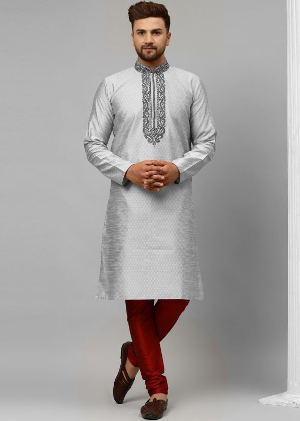 Grey Thread Embroidered Readymade Kurta Pajama