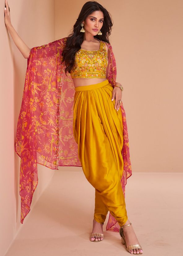 Yellow Embroidered Dhoti Set & Jacket