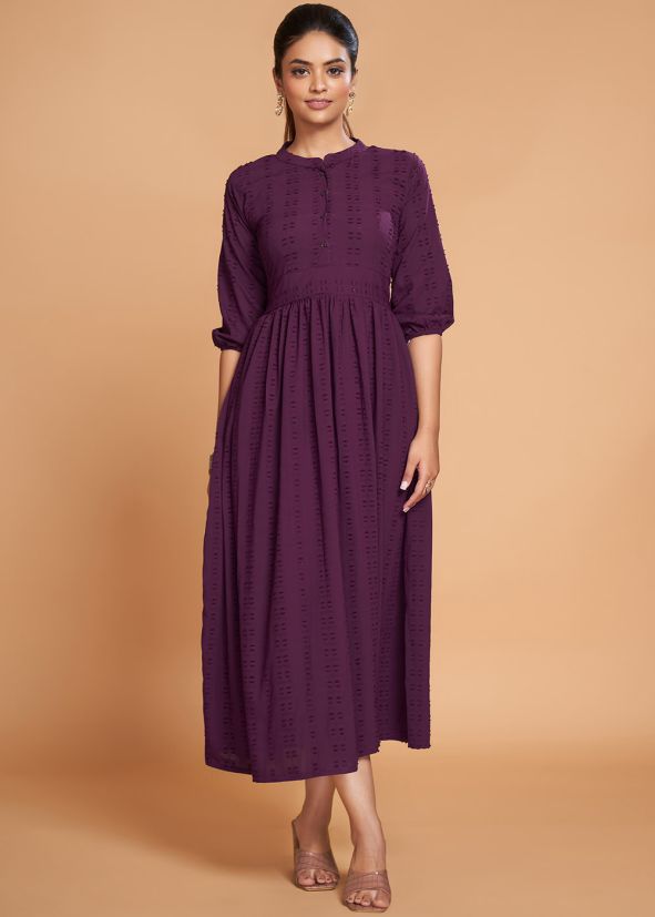Purple Readymade Flared Kurta In Georgette