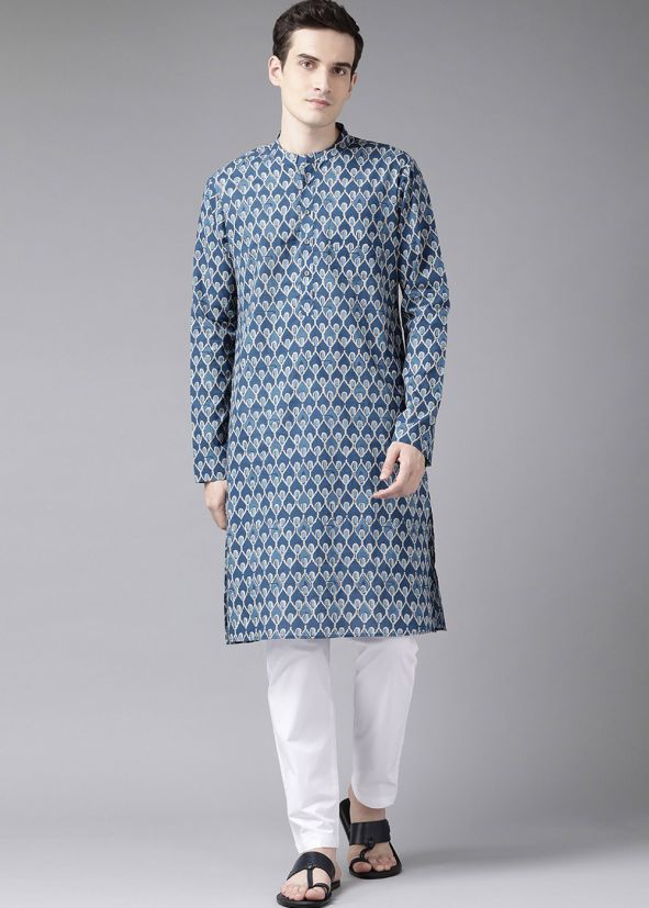 Blue Readymade Printed Kurta Pajama Set