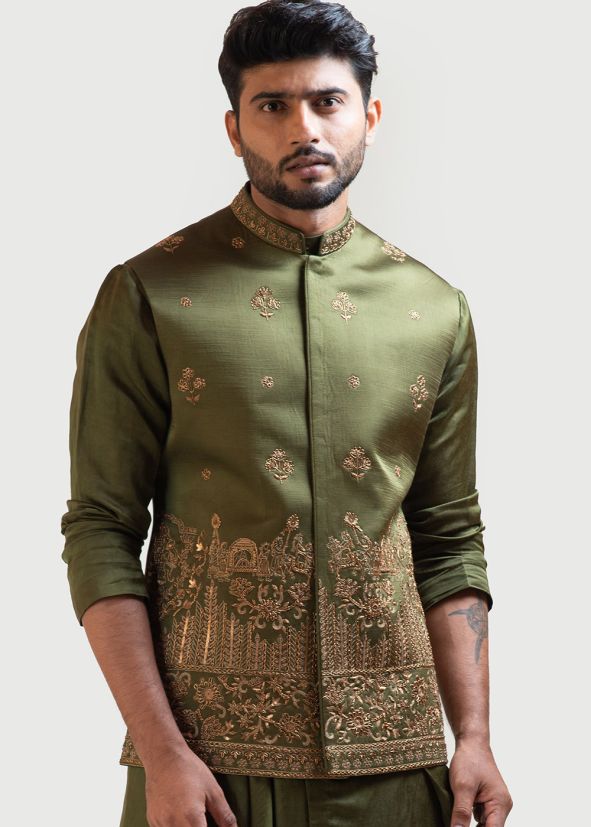 Readymade Green Embroidered Nehru Jacket
