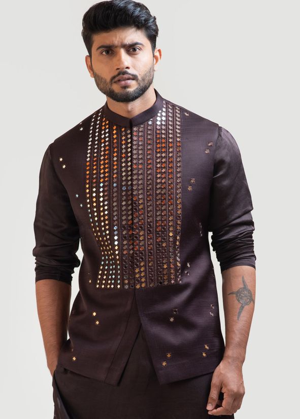 Brown Mirror Embroidered Nehru Jacket