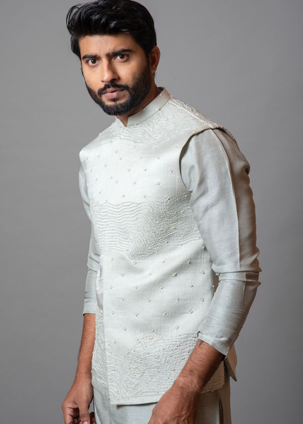 Off-White Linen Embroidered Nehru Jacket
