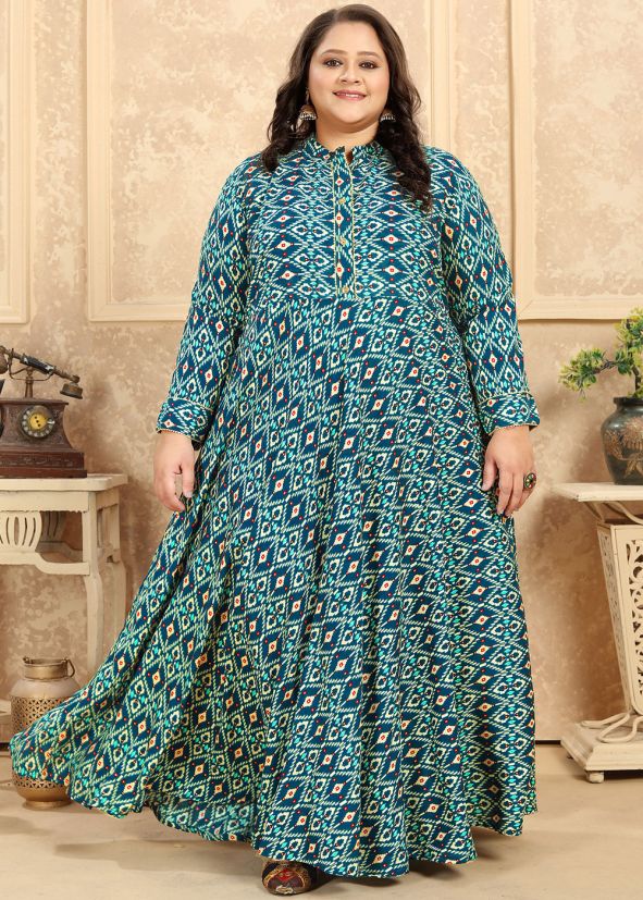 Blue Readymade Digital Printed Rayon Kurta