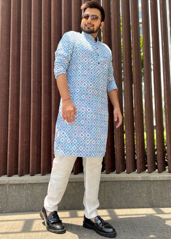 Blue Printed Readymade Kurta Pajama Set