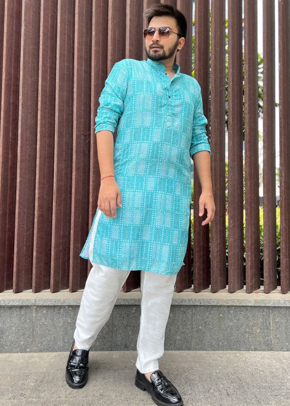 Readymade Blue Sequins Work Kurta Pajama