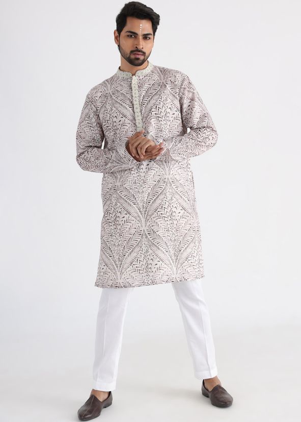 Off White Printed Mens Kurta Pajama Set