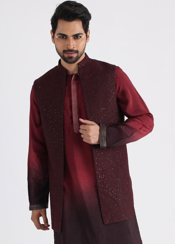 Readymade Maroon Embroidered Nehru Jacket