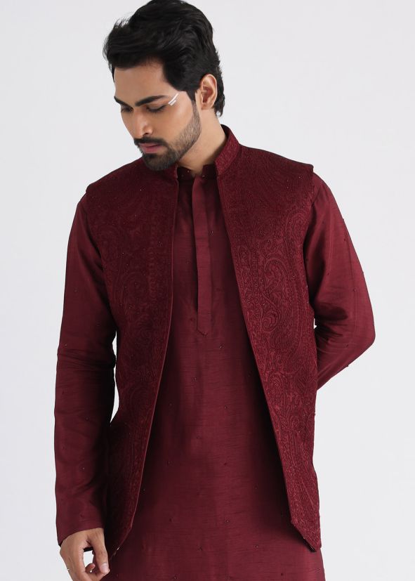 Maroon Handwork Embroidered Nehru Jacket