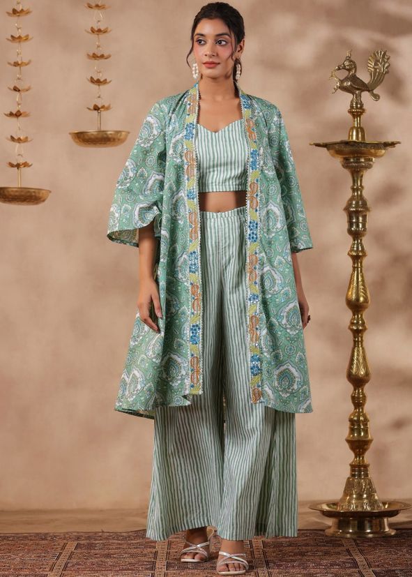 Green Stripes Printed Co-Ord Set With Jacket