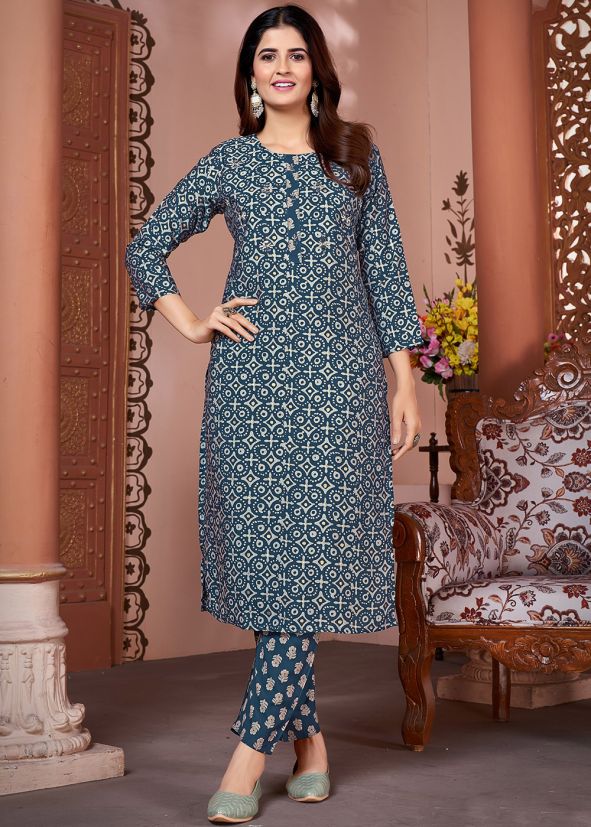 Blue Printed Work Kurta Set In Silk
