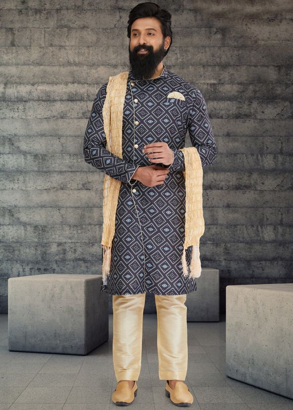 Blue Printed Indowestern Sherwani