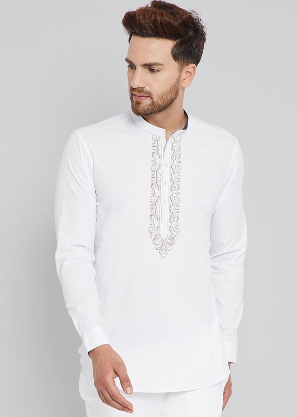 White Short Kurta In Thread Embroidered 