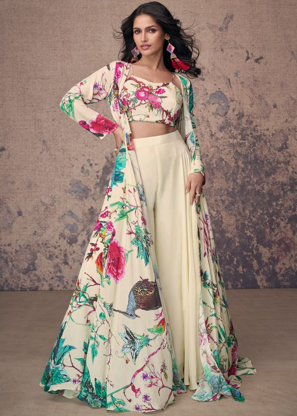 Off White Embroidered Top & Palazzo With Jacket