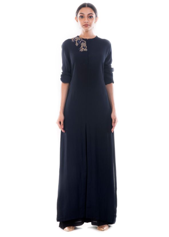 Dark Blue Crape Front Slit Long Dress