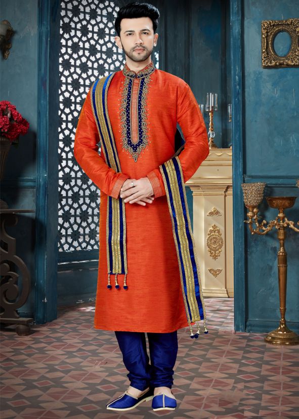 Orange Embroidered Readymade Kurta Set