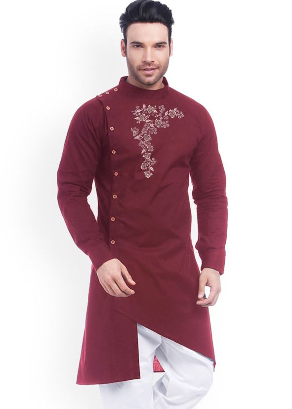 Maroon Embroidered Mens Kurta