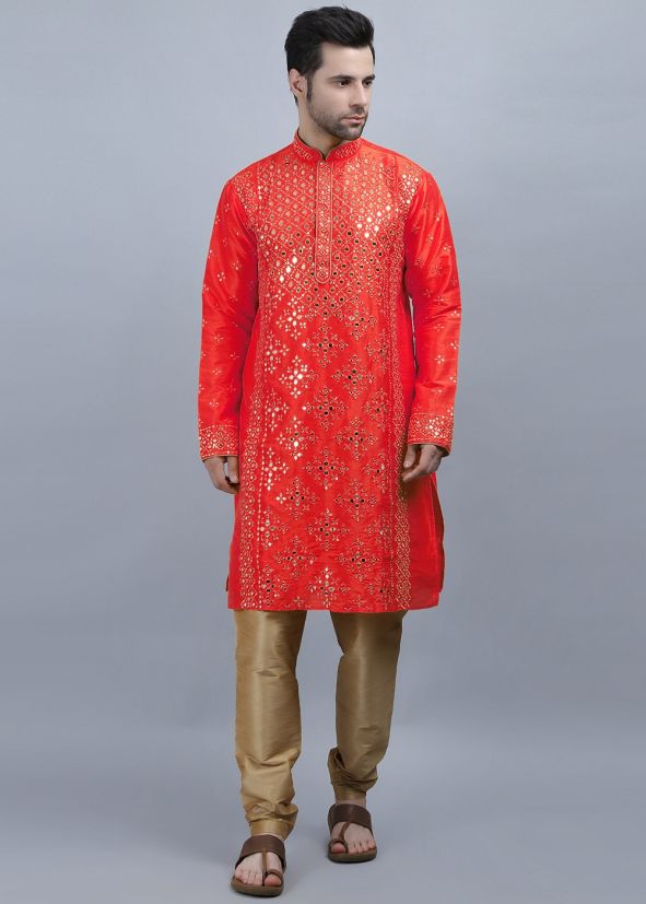 Red Mirror Work Kurta Pajama