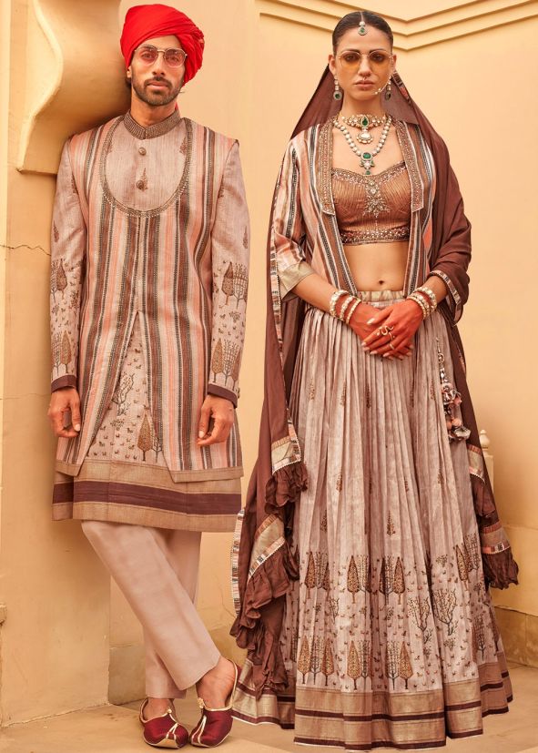 Beige Readymade Printed Couple Set