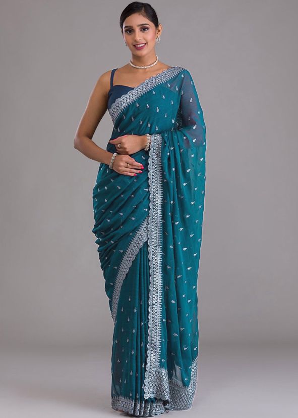 Blue Embroidered Border Chiffon Saree