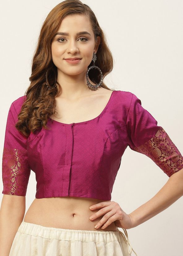 Round Neck Brocade Blouse Magenta