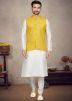 Off White Kurta Pajama & Printed Nehru Jacket