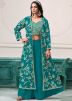 Turquoise Embroidered Top Bottom Set With Jacket