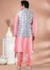 Pink Kurta Pajama With Men Printed Jacket