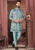 Sky Blue Thread Work Kurta Pant With Jacket