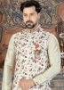 Off White Kurta Churidar With Floral Printed Jacket