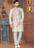 Off White Kurta Churidar With Floral Printed Nehru Jackets