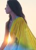 Blue & Yellow Printed Satin Saree